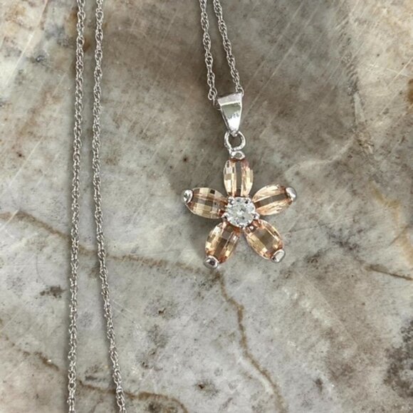 Sterling Silver Checkerboard Faceted CZ Flower Pendant Necklace & Stud Earrings - Picture 14 of 16